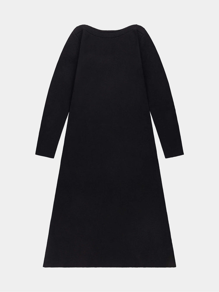 Black longsleeve cashmere dress on a white background