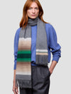 Woman wearing a colorful scarf with a blue sweater on a light gray background