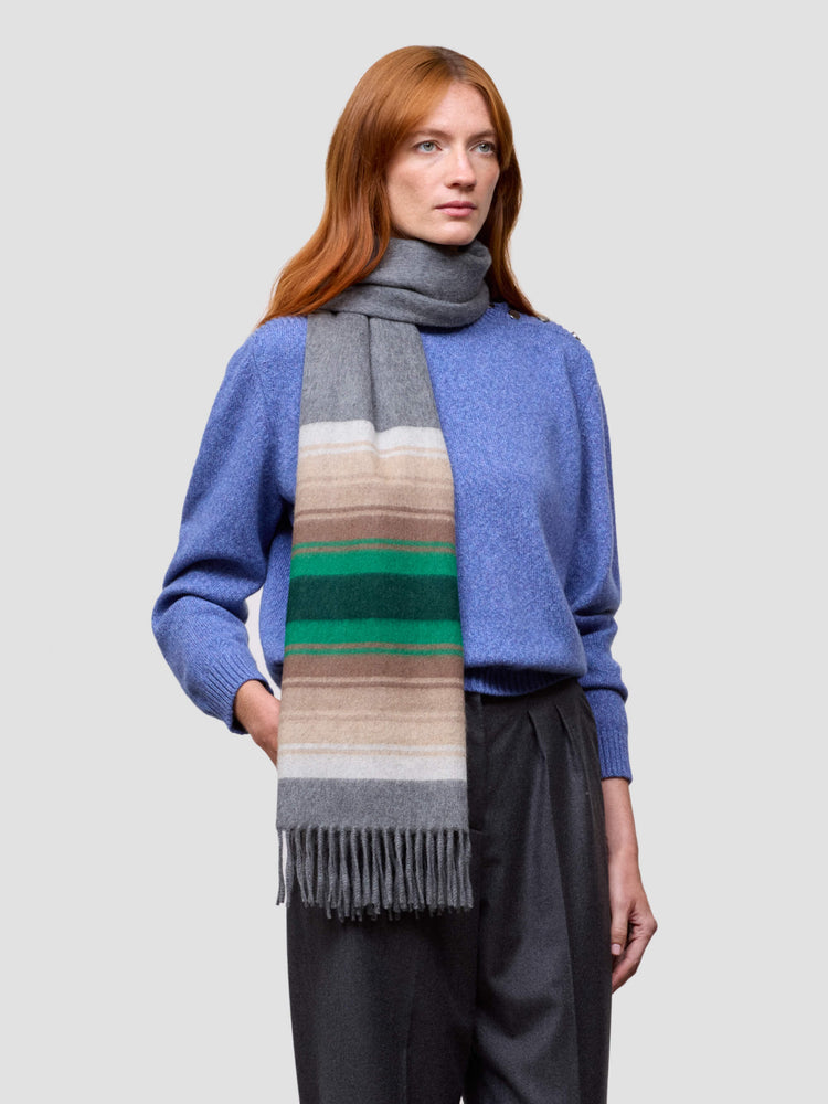 woman wearing a blue sweater and striped scarf on a light gray background